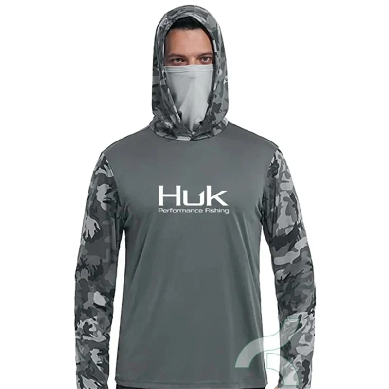 HUK Fishing Shirt UPF 50+ Hooded Face Cover Fishing Clothes Sun UV Protection Long Sleeve Hoodie Men\'s Face Mask Camisa De Pesca