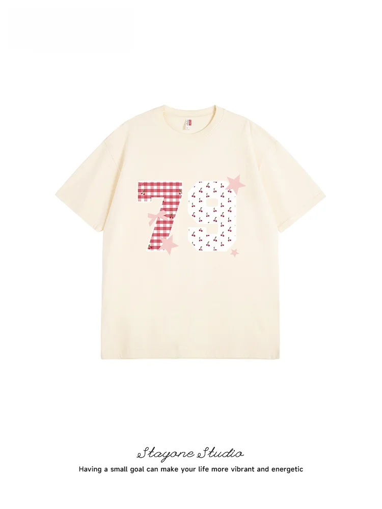 Korean Sle Digital Polka Dot Star Print ort Sve T-irt Women's Summer New College Sle Korean Version Cotton Tee