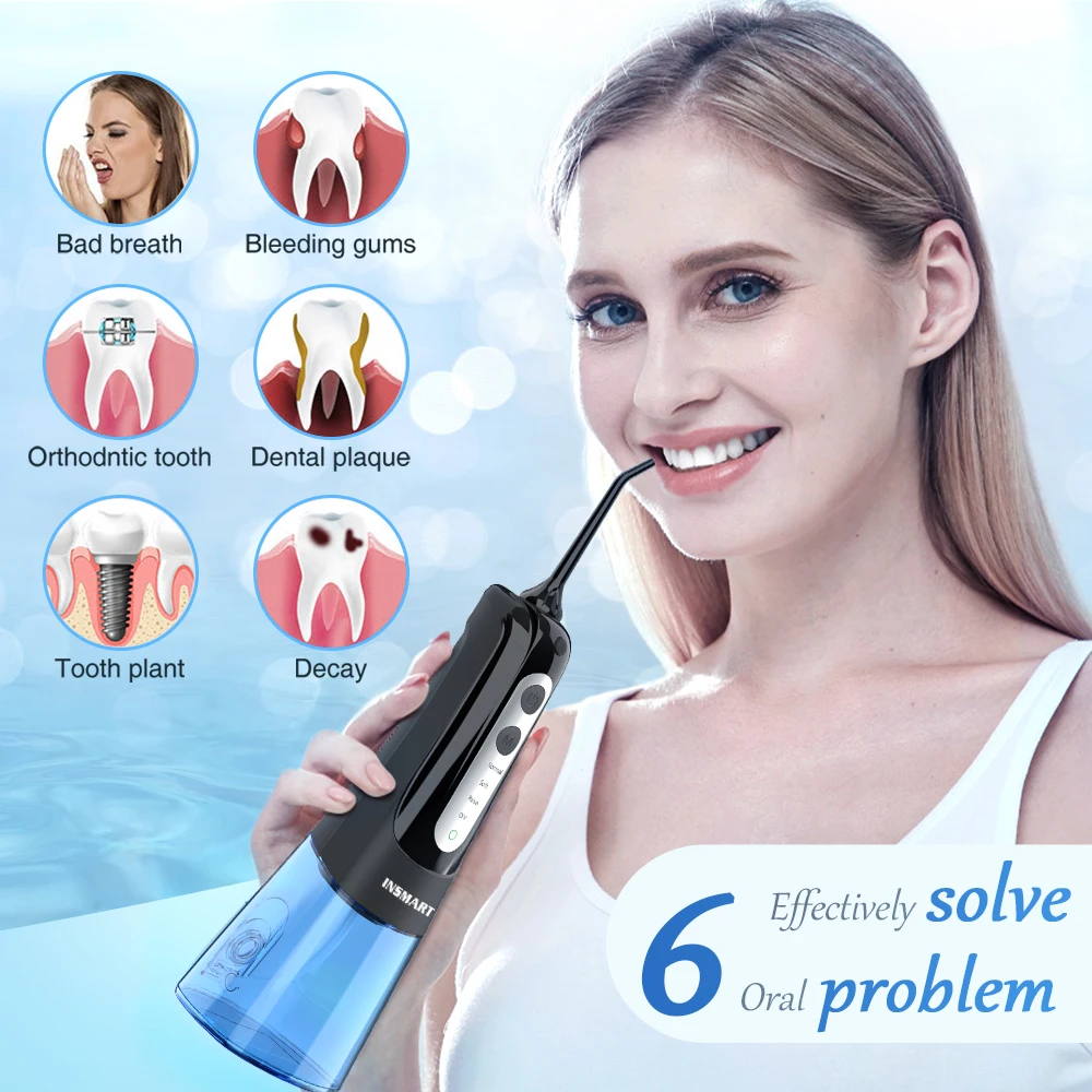 INSMART Oral Irrigator Dental Water Flosser Teeth Whitening Waterproof Portable Dental Water Jet Floss 300ML Teeth Cleaner