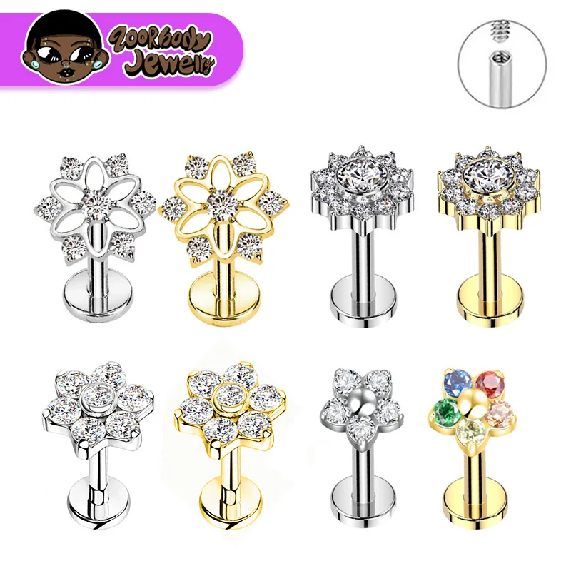 Wholesale G23 Titanium Flower CZ Lab Piercing Internal Thread Lip Inlaid Cubic Zirconia Flat Tragus Stud Labret Women Piercing