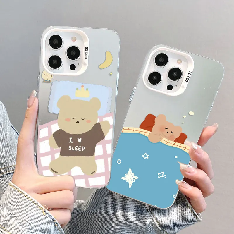 

Cartoon Cute Sleeping Bear Laser Phone Case For iPhone 17 Pro Max Air 16 15 14 Pro Max Plus 13 Mini 12 11 Pro Max Back Covers
