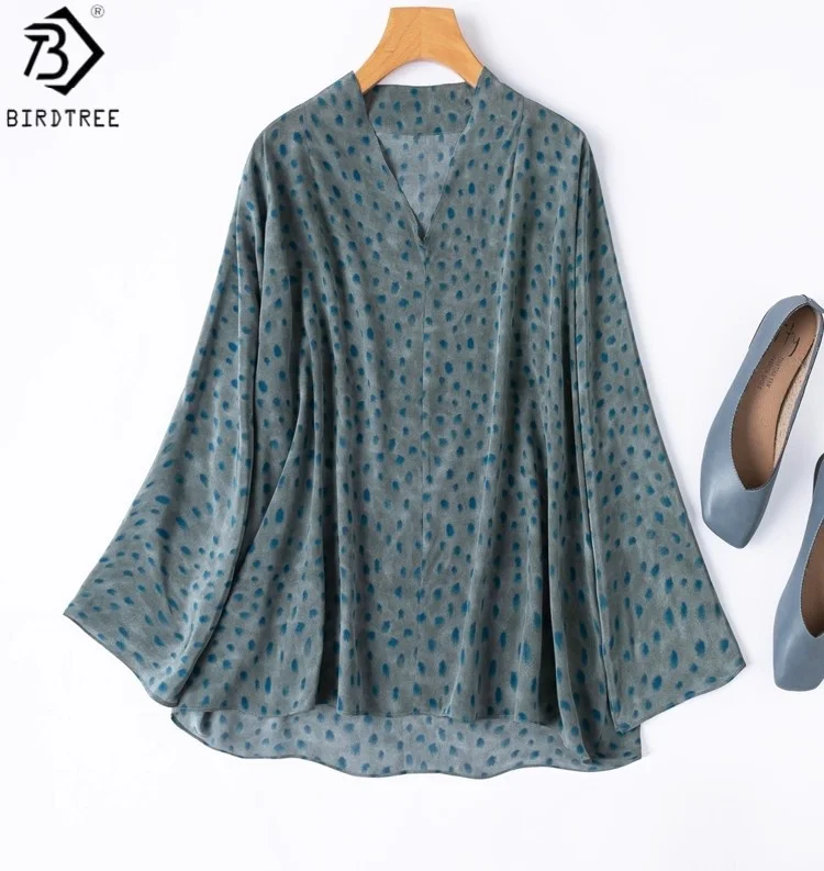 

Birdtree 100% Mulberry Silk Blue Dot Print Blouse,Women Double Crepe 2025 Autumn Shirt,V-neck Raglan Sleeve Tops T59508JF