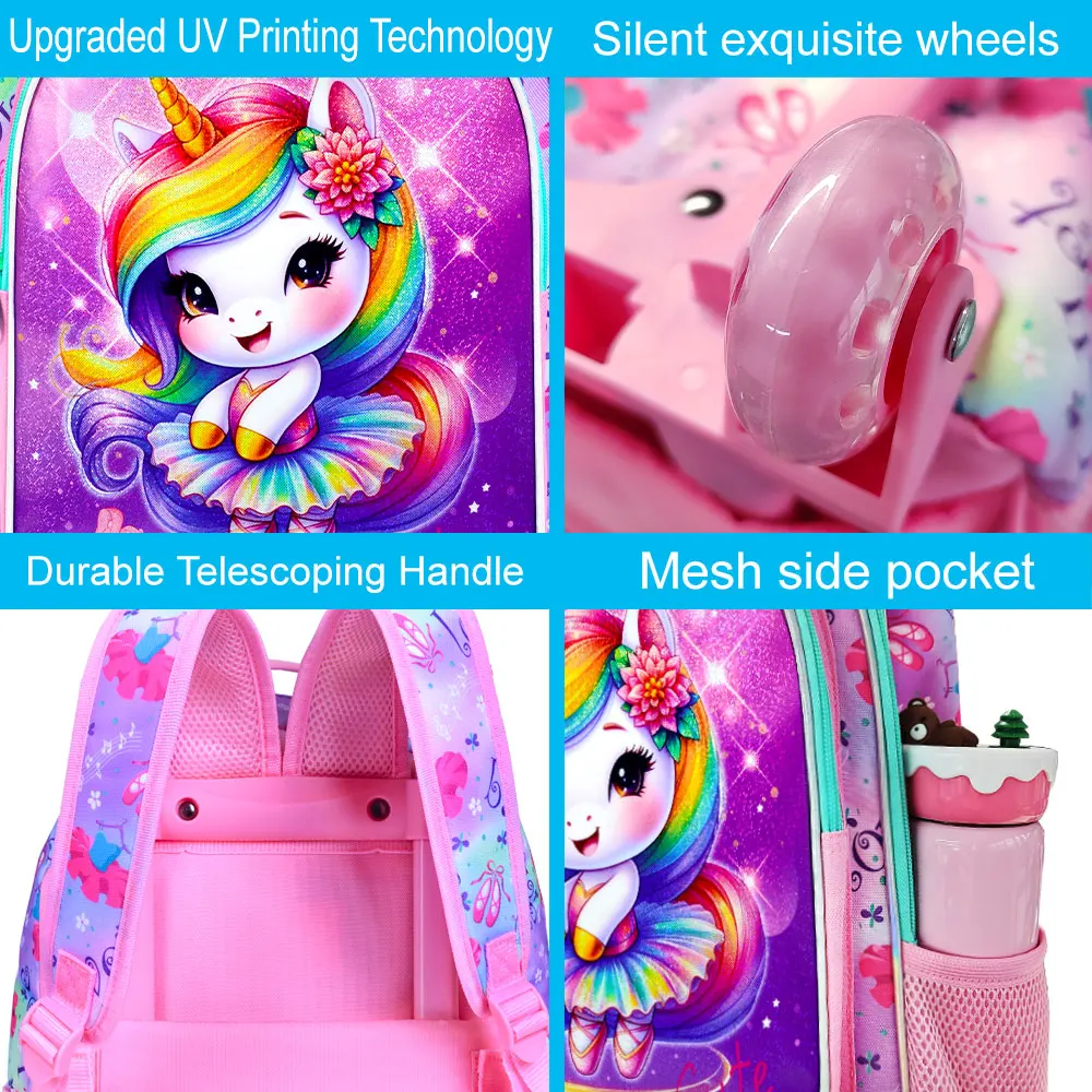 4PCS Unicorn Rolling Backpack for Girls - Cute Wheeled School Set with Lunch Box,Water Resistant Roller School Backpack on Wheel