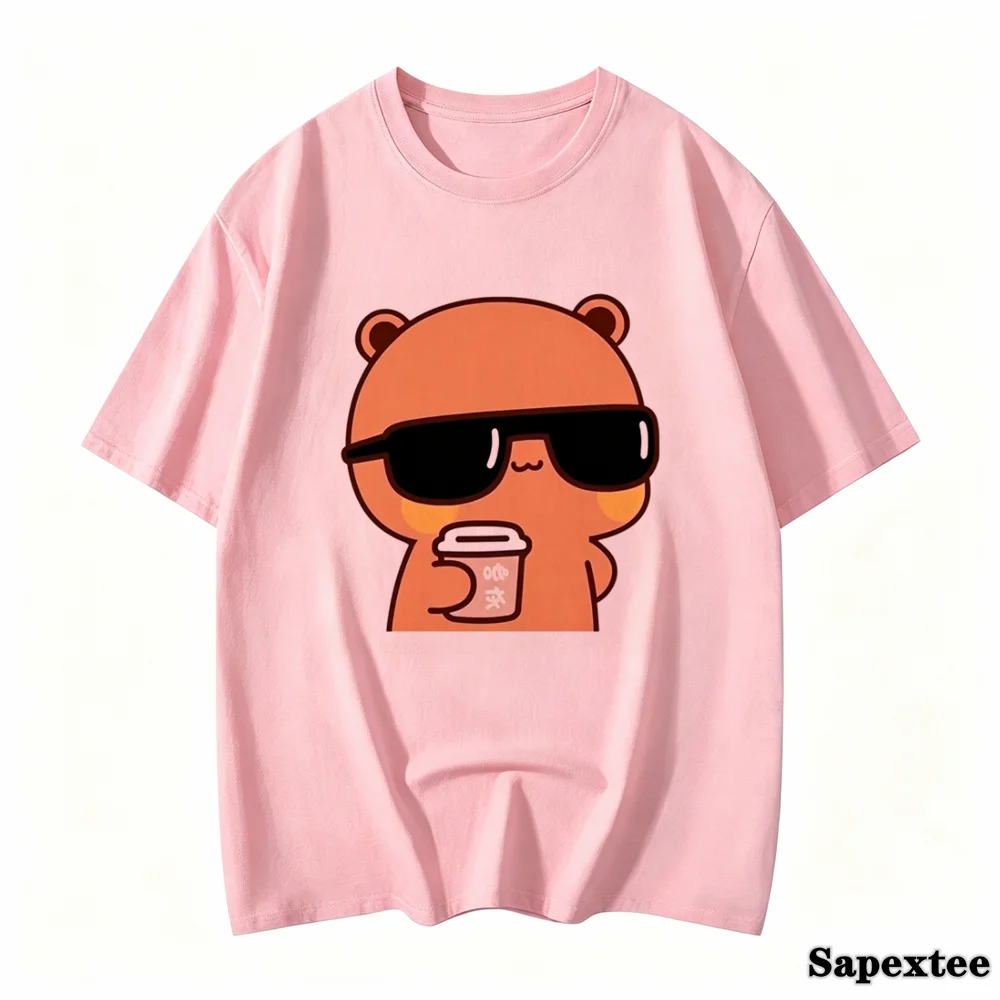Couple Tee Bubu Is Watching Movies and Milk Tea with Dudu T-shirt Cartoon Cute Graphic Tees for Ladies Kawaii Cotton Unisex Tops