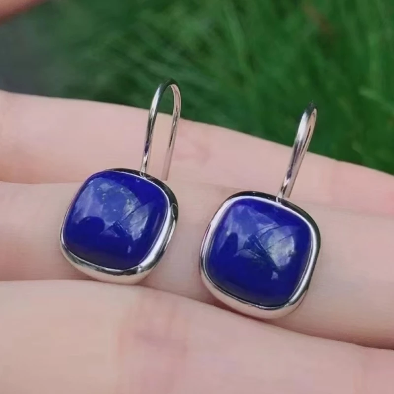 

Real Solid 925 Sterling Silver Women Lucky Lapis Lazuli Square Dangle Earrings