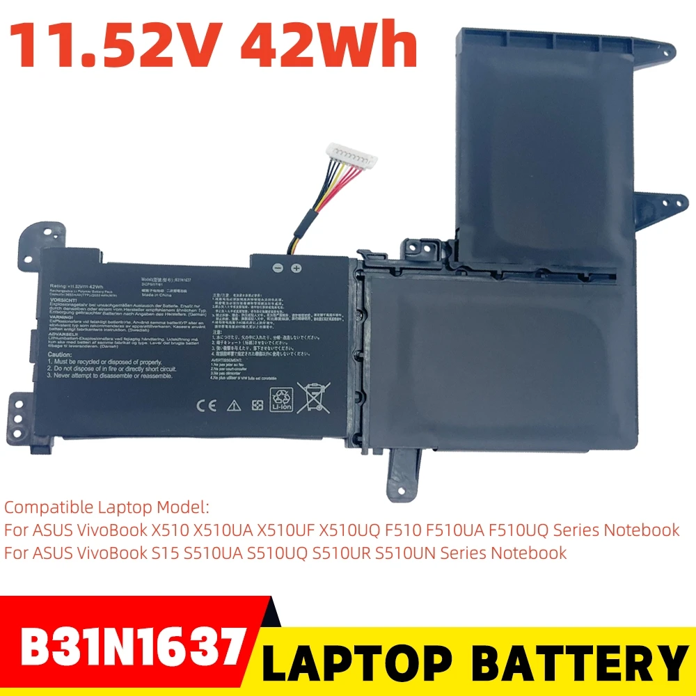 

New B31N1637 11.52V 42WH Laptop Battery For ASUS VivoBook X510 X510UA X510UF X510UO F510 F510UA F510UO Series Notebook