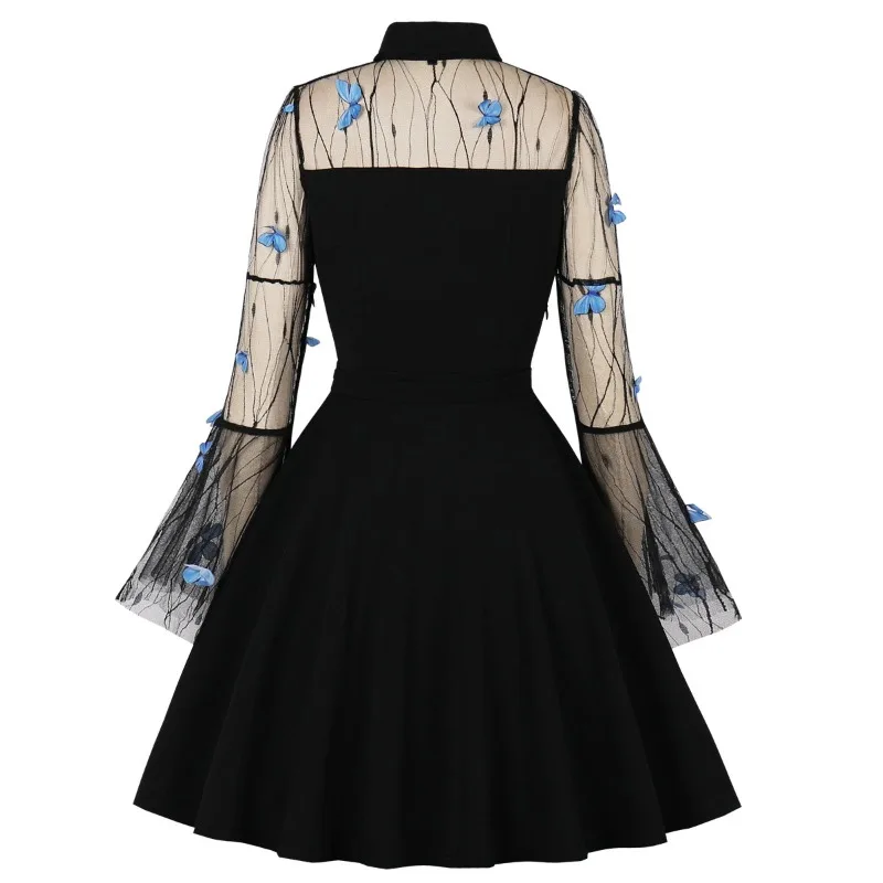 2024 New Hepburn Women's Halloween Black Queen Net Yarn Flared Sleeve Stitching Y2K Retro Dress Gothic Dress Victorian Dresses