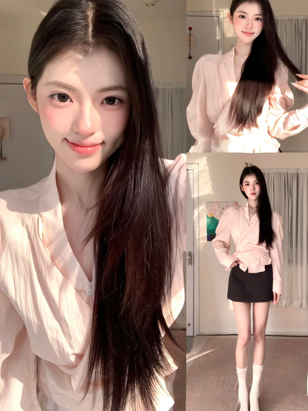 

Sweet Pink Long Sve V-ne irt Women's Spring High Waist Slimming Personali irt Korean Sle Commute Faion