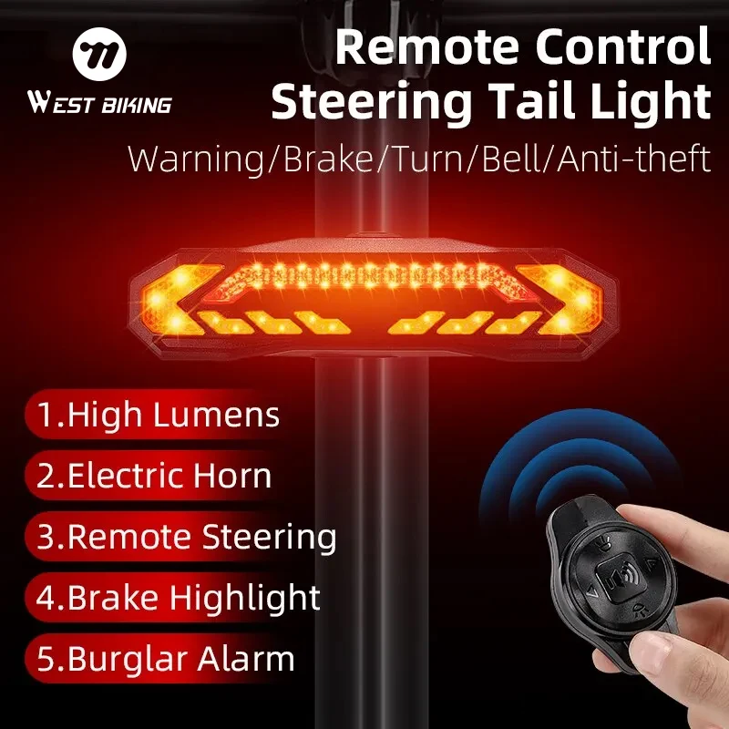 

WEST BIKING Умная сигнализация Задний фонарь Удаленный рулевой задний фонарь IP65 Водонепроницаемый Type-C Зарядка велосипеда Задний фонарь Сигнализация Велосипедный фонарь