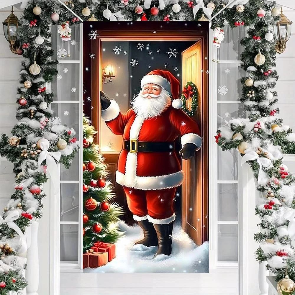 Christmas Door Flags Santa Claus Snowman Photos Home Background Decorations Curtains Hanging Cloth Christmas Outdoor Decoration