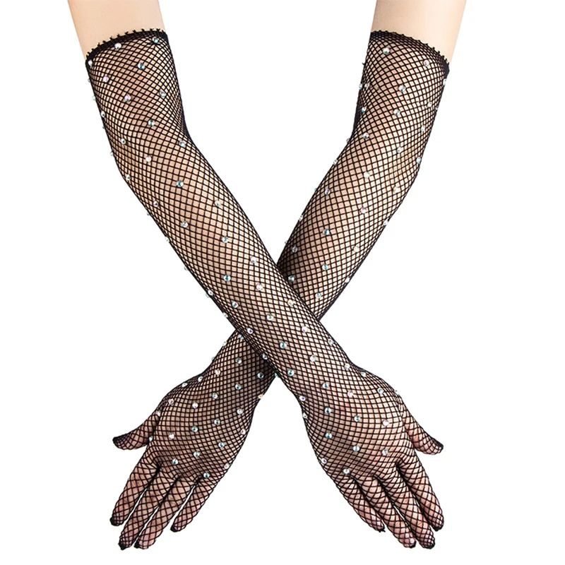 Sexy Elastic Mesh Gloves With Colored Flash Diamonds Bungee Stage Performance Hollow Fishing Net Punk Hiphop Women\'s Gloves R51