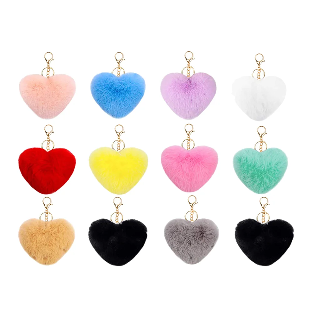 

12 Pcs Heart Keychains Fur Ball Ring Cute for Backpacks Fluffy Pompom Bag Pendant Miss