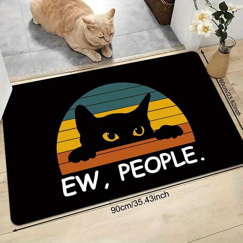 Funny Cat Door Mat, Ew People Black Cat Rug, Vintage Retro Sunset Design, Non-Slip Welcome Mat for Front Door Entryway, Bathroom