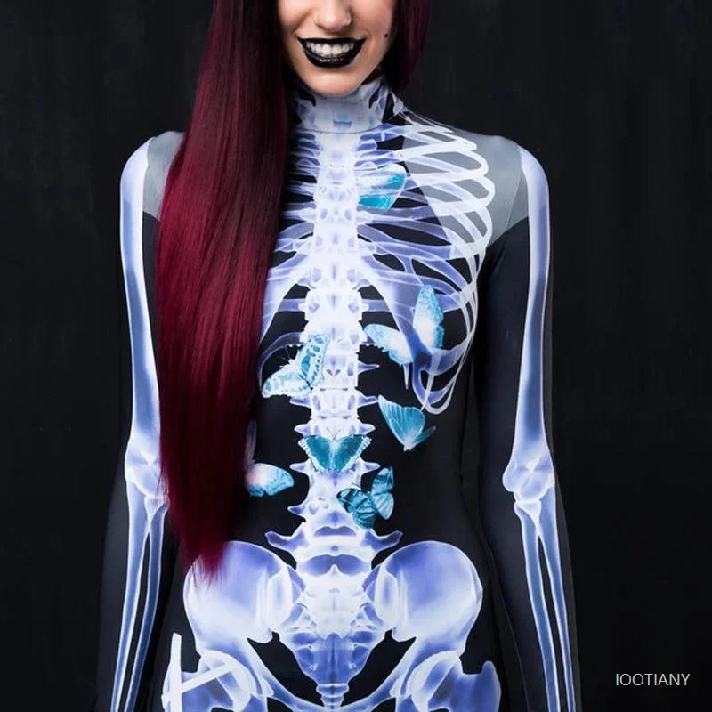 Esqueleto de raio X feminino, cosplay de Halloween macacão para menina, festa de carnaval, fato zentai, bodysuit horro, roupas femininas, 2024