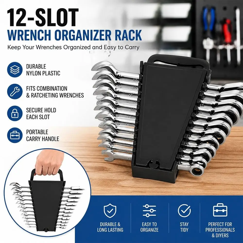 12 Slots Wrench Organizer Rack Individual Wrench Slots Secure Clamping Structure Wrench Storage Holder with Carry Handle