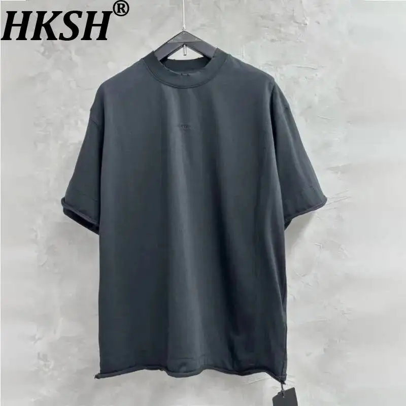 HKSH Spring Summer New Men Tide Dark Washed Dirty-Dye Patchwork Short-Sleeve T-shirt Unique Trend Loose Ins Tees Vintage HK22086