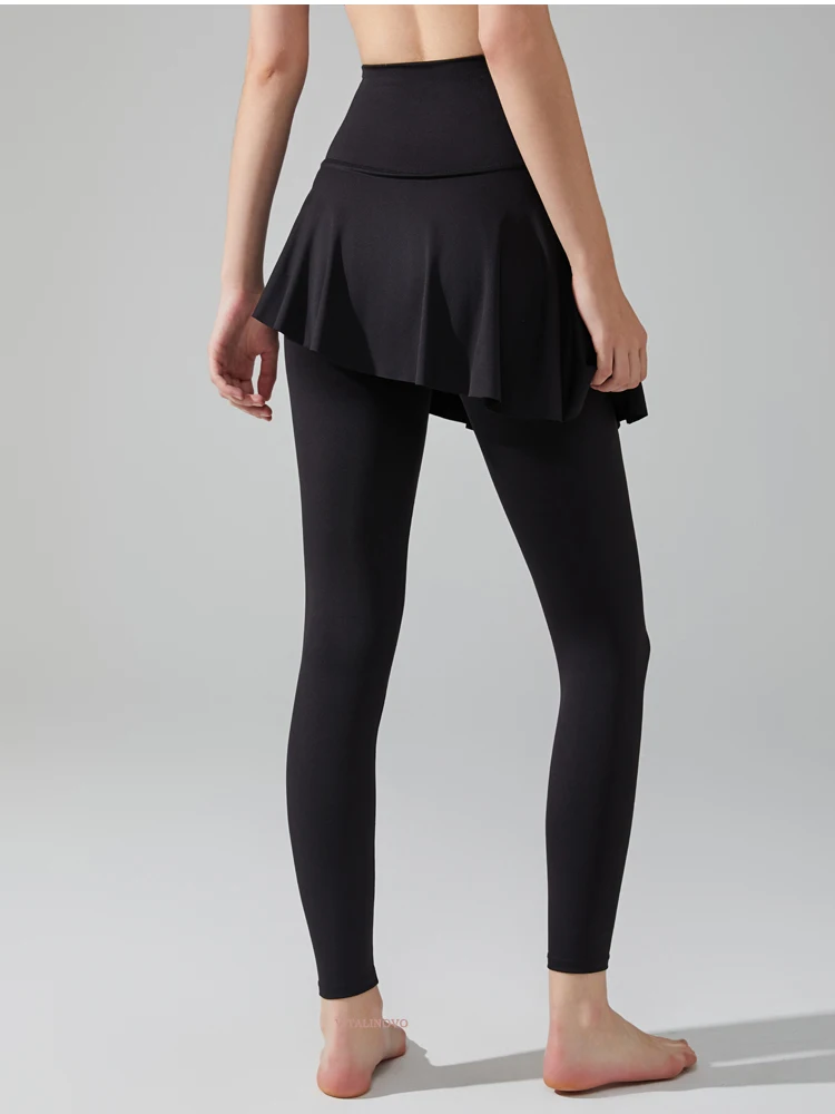 VITALINOVO Damen Crossover-Leggings mit Rock Tennis Yoga Leggings mit Rock Hohe Taille Rüschen Plissierter Skort Tennis Sport Golf – Detail 5