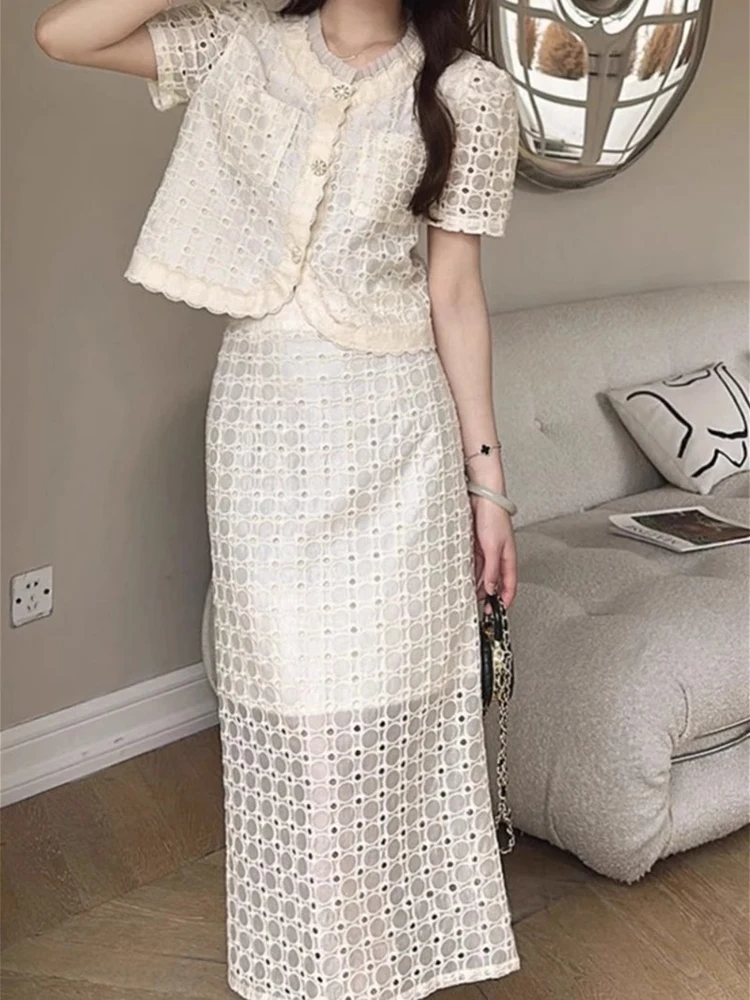 

Летние высококачественные стильные кружевные дизайнерские топы и полуюбки во французском стиле, женский элегантный модный комплект из двух предметов для похудения