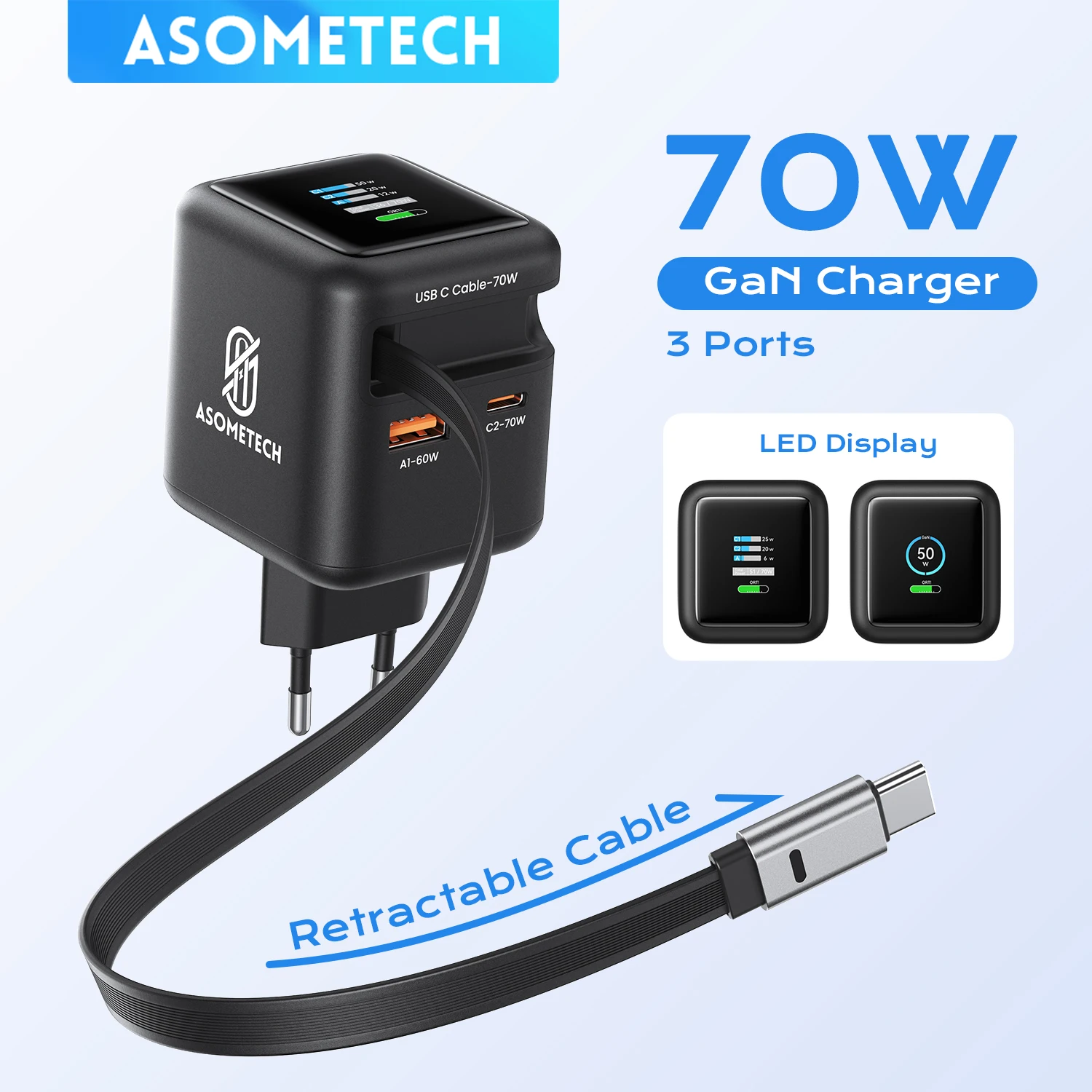 

Зарядное устройство GaN USB 70 Вт с выдвижным кабелем Type-C, быстрая зарядка PD3.0 QC4.0 PPS, 3 порта для iPhone 17, 16, Xiaomi, Macbook, ноутбуков