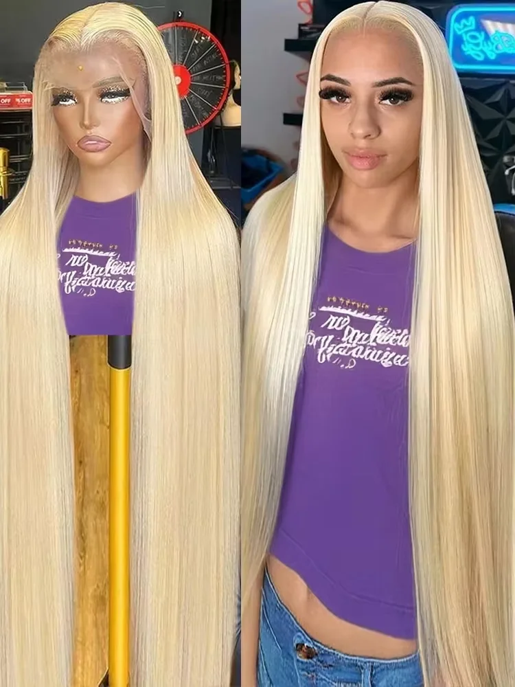 

Светлые длинные прямые парики из натуральных волос 613 Blonde, с HD прозрачной полной фронтальной кружевной основой 13x4 и 13x6, 40-46 дюймов