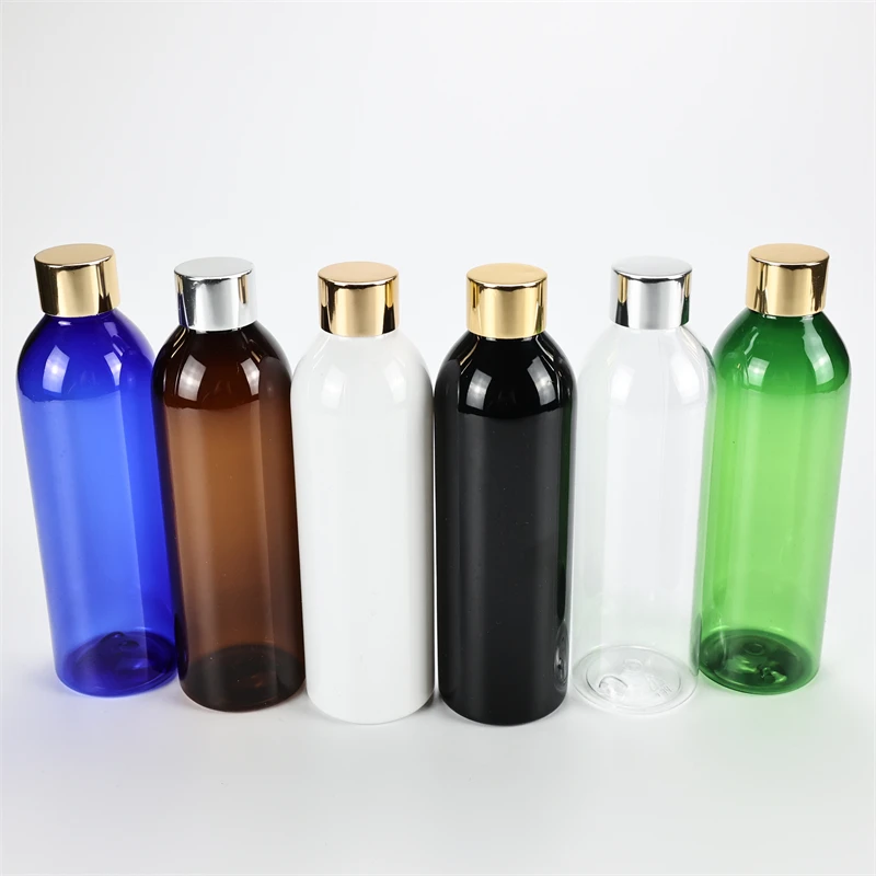 250ML X 25 Empty Round Shoulder Plastic Bottle With Gold Silver Anodized Aluminum Screw Cap Essential Oil Toner PET Containers