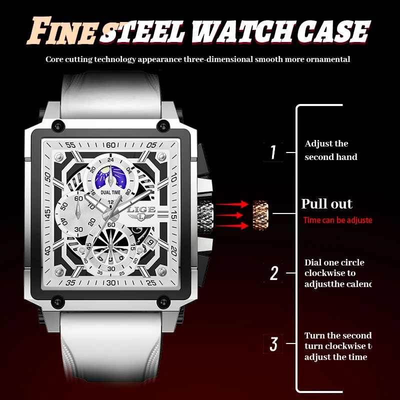 LIGE Luxo Mens Relógio Militar Esporte Calendário Relógios de Quartzo para Homens À Prova D 'Água Fase da Lua Branco Silicone Homem Relógio Cronógrafo