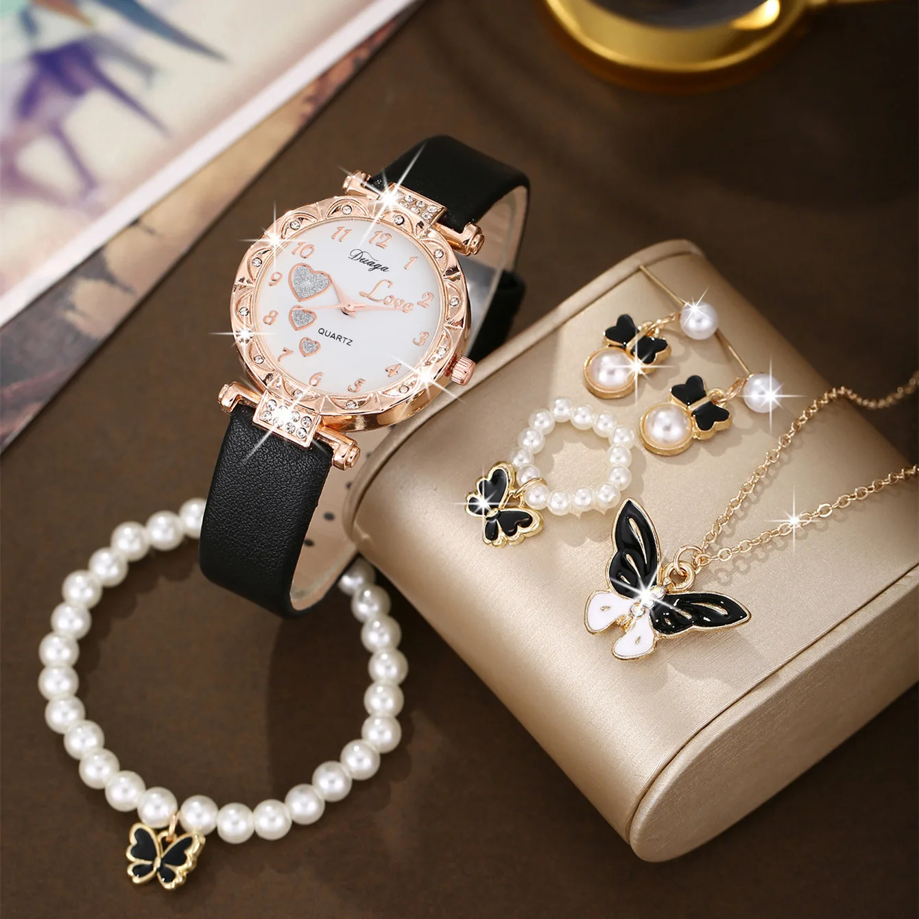 

Women Luxury Watch Ring Necklace Earrings Bracelet Set Watches Pearl Butterfly Leather Strap Ladies Quartz WristWatch No Box