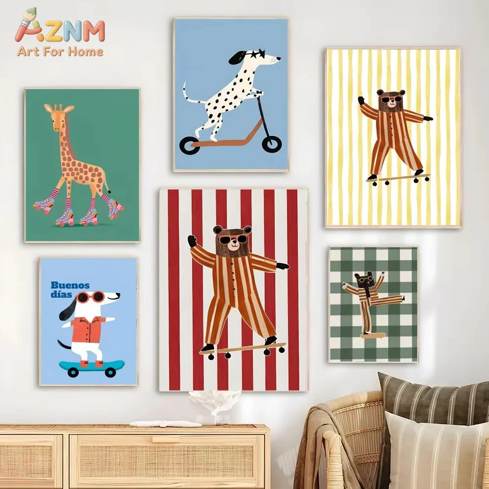 1PC Cute Skateboarding Animal Poster Contemporary Aesthetic Art Minimalist Wall Decor for Modern Home Creative Spaces