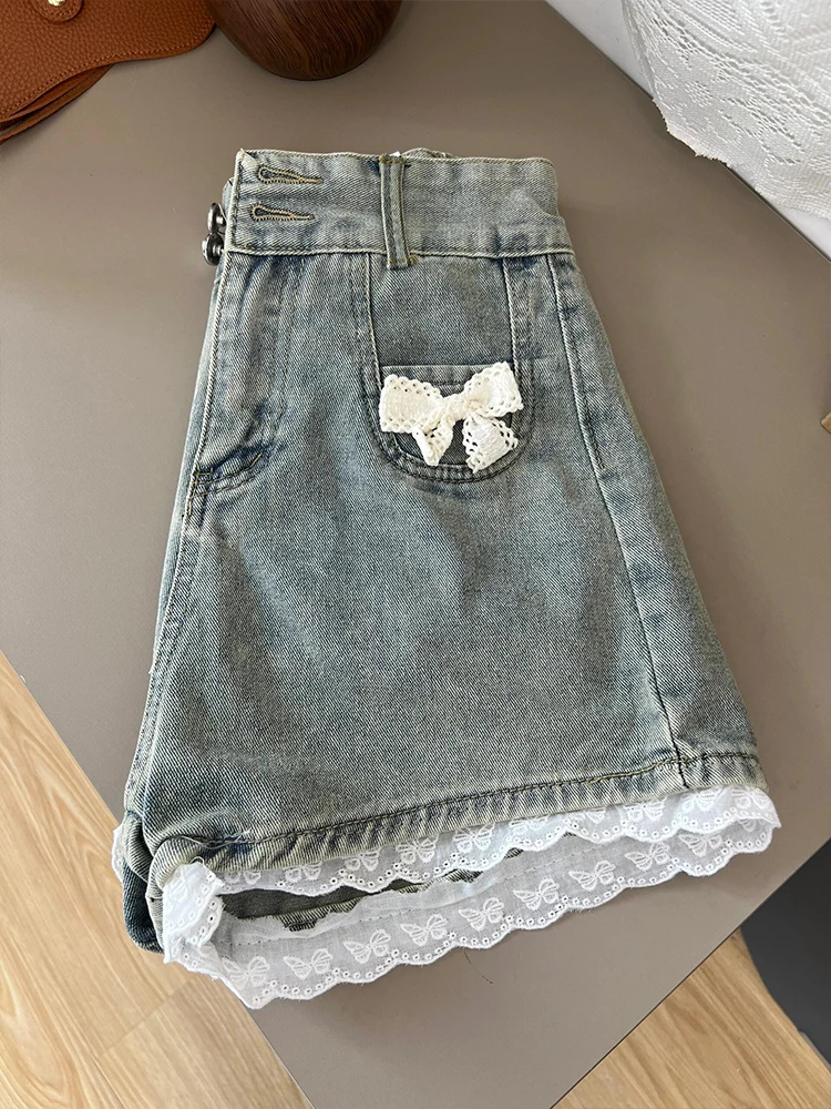 

Широкие джинсы с высокой талией, женские летние тонкие милые пряные брюки небольшого размера с кружевной отделкой, утягивающие брюки трапециевидной формы