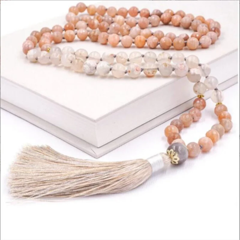 

Natural Cymophanite necklace long hand woven bead tassel pendant set, exquisite gift DIY