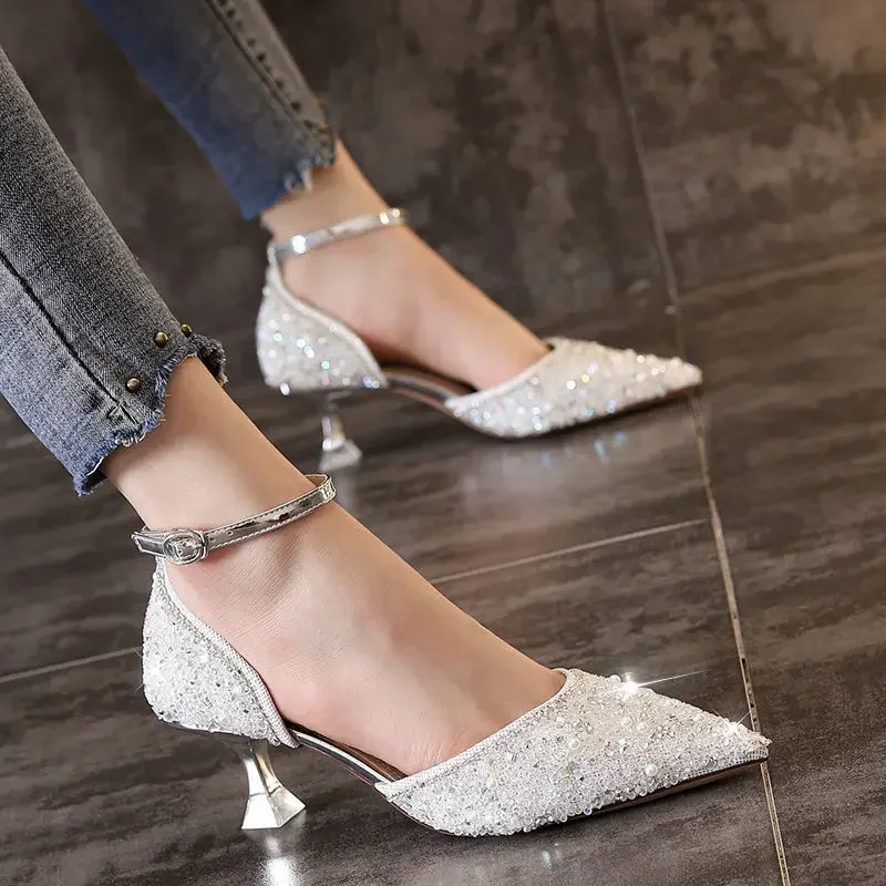 New Elegant Ladies Ankle Strap Crystal Pumps Women Sexy Thin High Heels Wedding Shoes Woman Spring Summer Pointed Toe Sandals