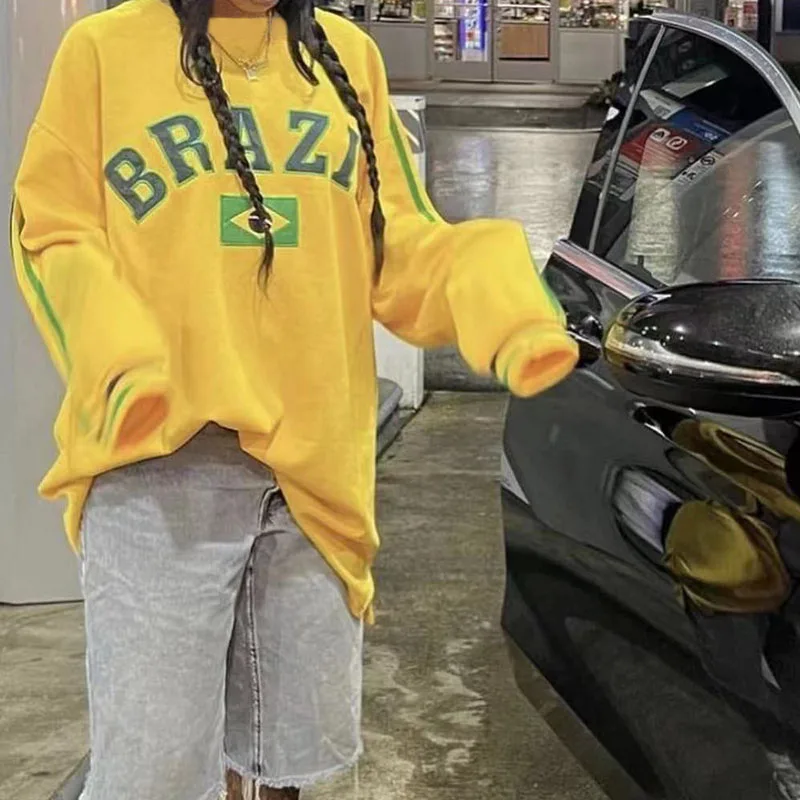 2000s New Women Autumn Brazil Flag Yellow Oversized Hoodies Aesthetic Long Sleeve Pullover Top Vintage Y2k Sweatshirt Streetwear