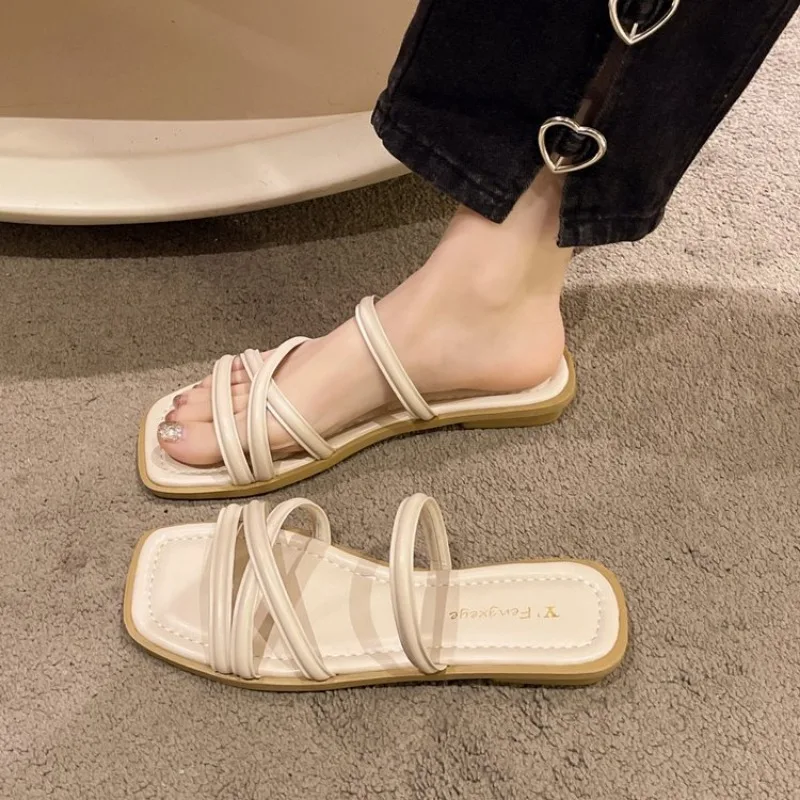 Shoes Square Toe Woman\'s Slippers Luxury Slides Low Lady 2024 Flat Designer Girl Fabric Hoof Heels Rome Basic PU Rubber Shoes Sl