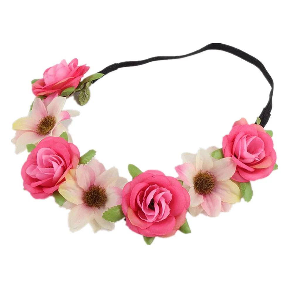 Bohemia Women Rose Flower Headband with Adjustable Ribbon Wreath Crown Floral Wedding Hair Garland for Activities Party Headwear