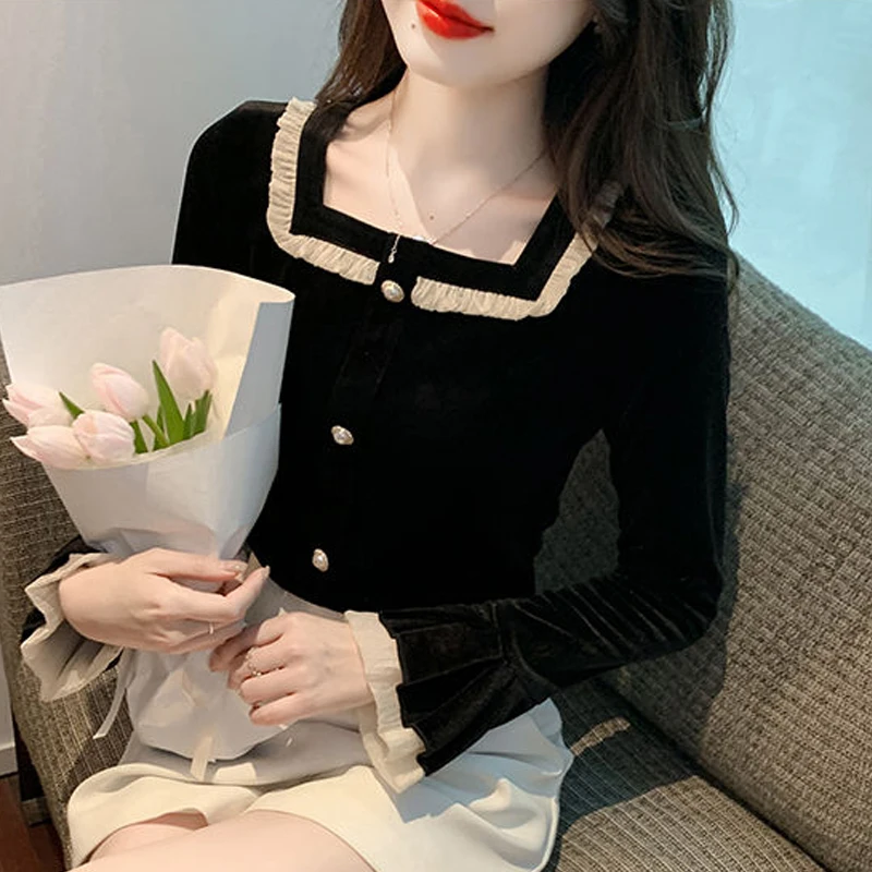 Women Stylish Ruffle Vintage Velvet Shirts Elegant French Style Luxury Chic Sweet Blouse Square Collar Long Sleeve Slim Fit Tops