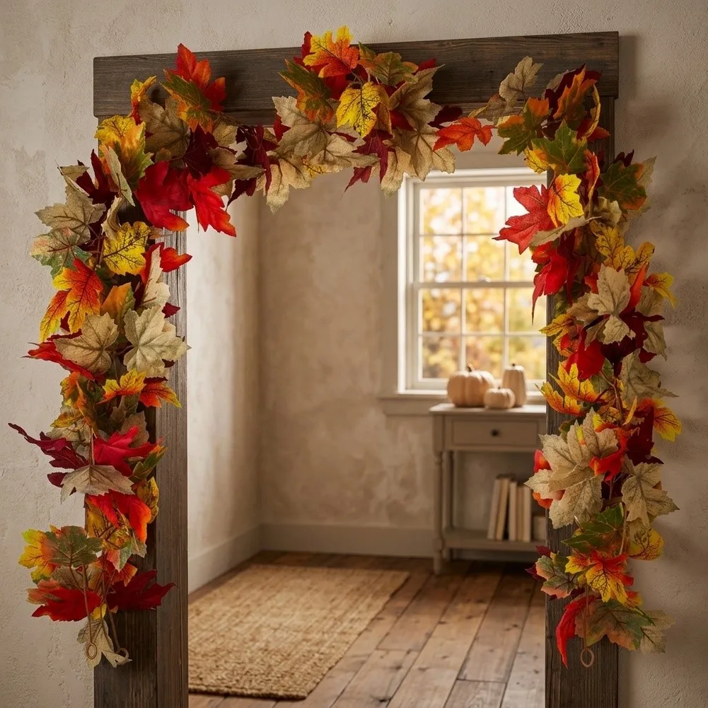Artificial Maple Vine Garland 175cm Brown Faux Autumn Leaves for Home Decor Wall Door Table Seasonal Decoration