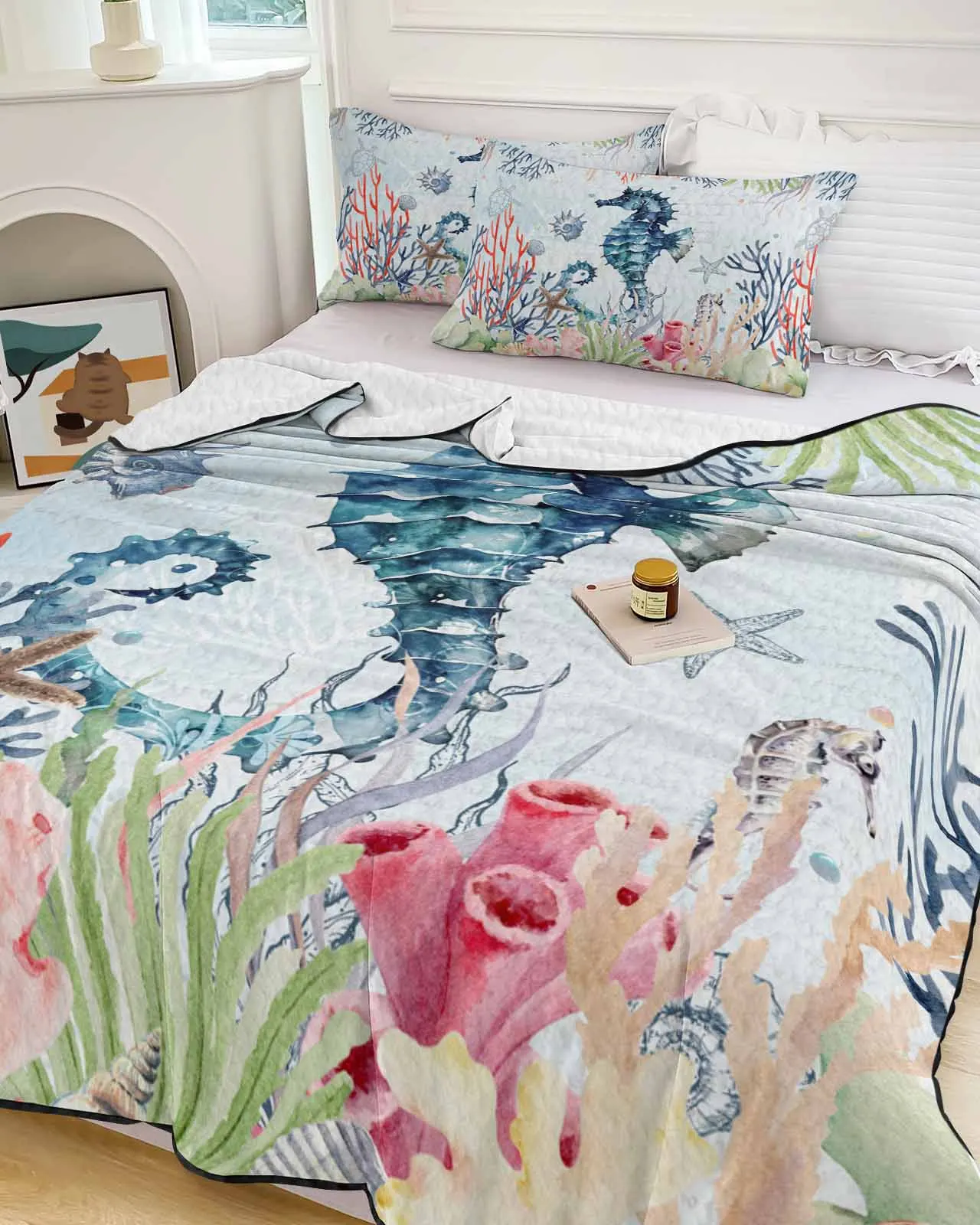 Summer Marine Life Coral Seahorses Summer Cooling Quilt Air Condition Blanket Comfortable Lightweight Bedroom Thin Quilt