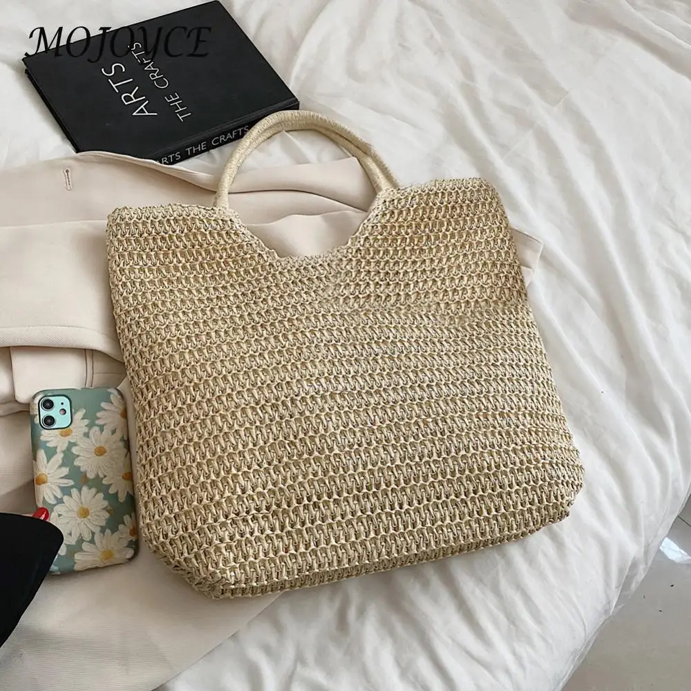 Women Crochet Beach Handbag Large Capacity Weaving Travel Handbag Solid Color Retro Straw Handbag Ladies Summer Daily Bag