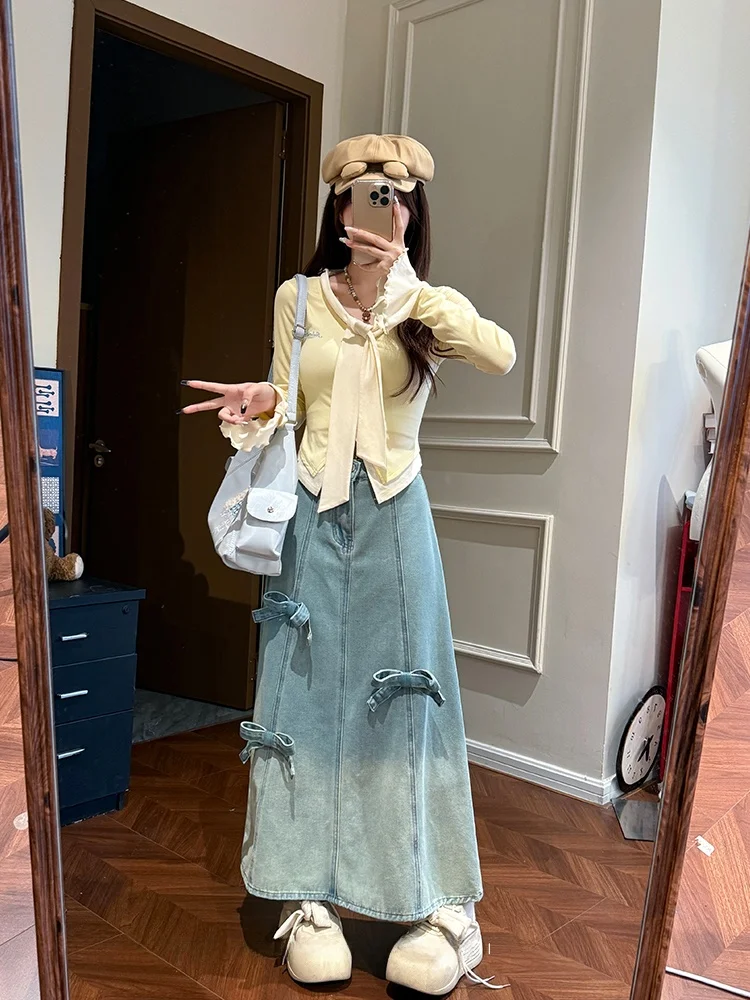 

Женский комплект с длинной юбкой и длинным свечим топом, приталенный джинсовый костюм из двух предметов с приготовленным сыром