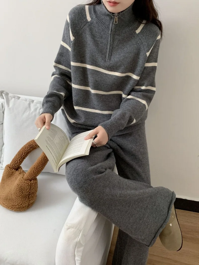 Label Zipper Striped Knitted Pants Suit Women 2024 Autumn New Korean Fashion Casual Pullover Sweater Knit Women Two-piece Sets