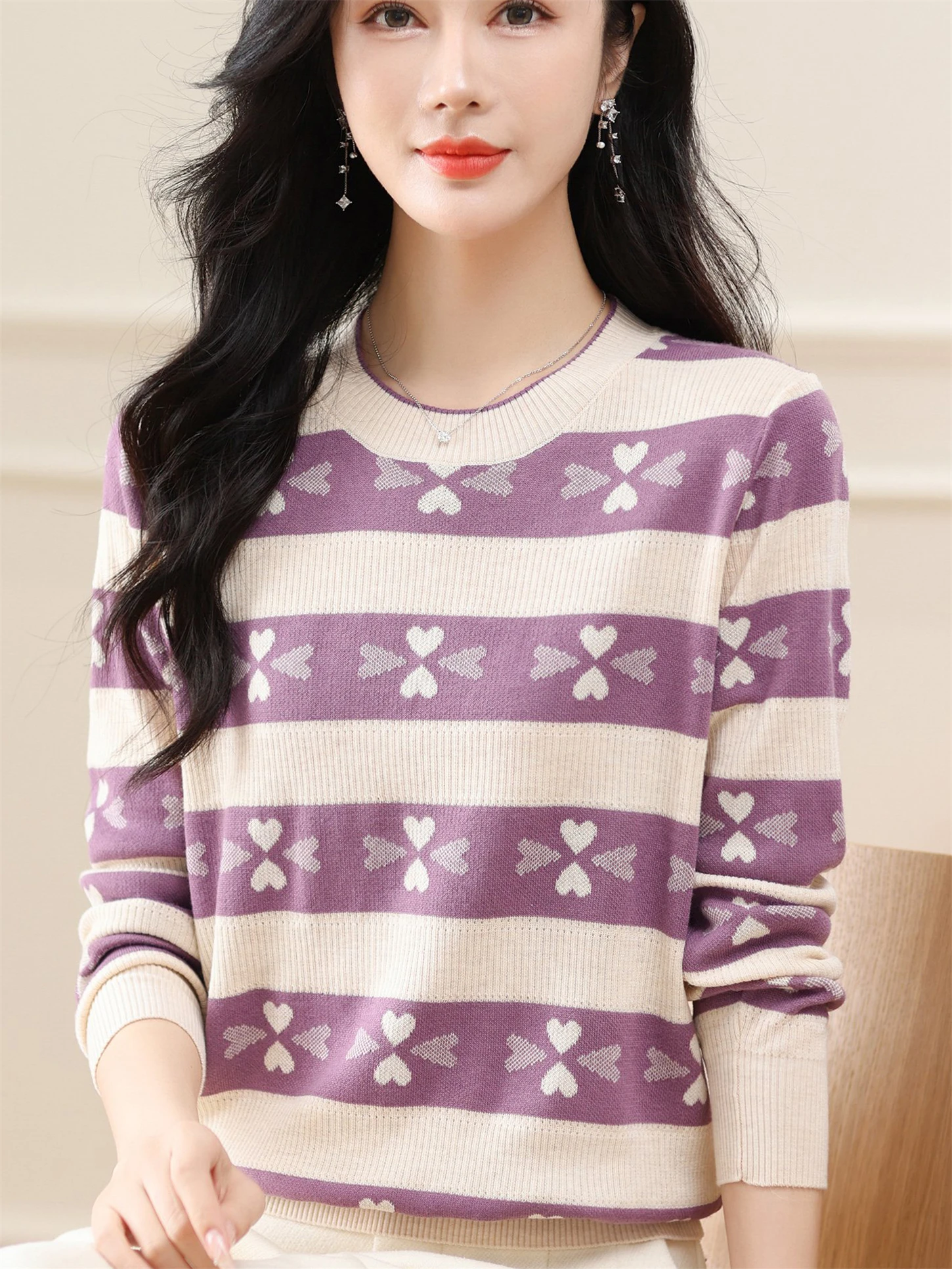 

Весенне-осенний вязаный модный широкий полосатый новый свободный женский круглый свитер Ne Base irt Mom's Sle повседневная одежда Clean Easy