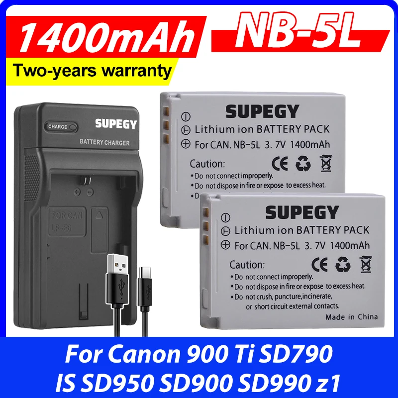 2Pcs 1400mAh NB-5L NB 5L NB5L Rechargeable li-ion Camera Battery+ LCD USB Charger for Canon 900 Ti SD790 IS SD950 SD900 SD990 z1