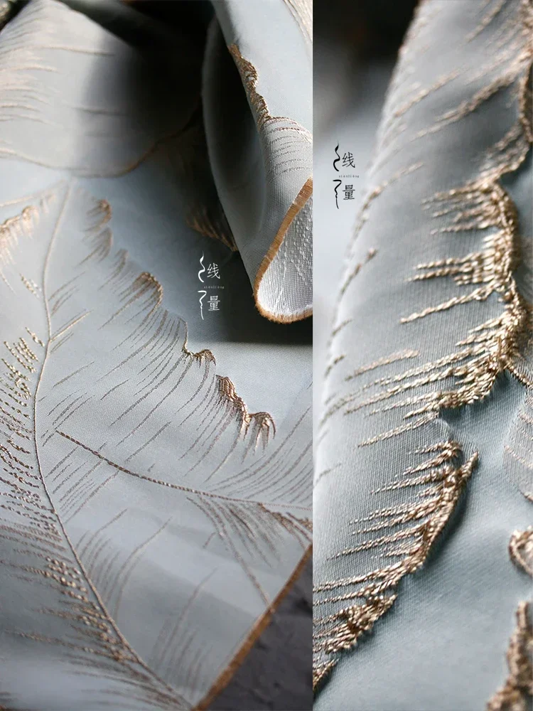 Large Gold Leaves Clear Water Blue Background Jacquard Fabric High-grade Hanbok Set Curtains Clothing Designer Fabrics