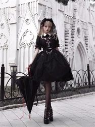 French Vintage Elegant Gothic Style Cosplay Lolita Sweet Girls Op Dark Embroidery Cross Rose Flower Pearls Chain Tunic Dress