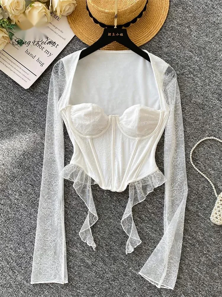 

Осенняя кружевная блузка-корсет для женщин с квадратным вырезом, длинными рукавами, модными оборками и прозрачными вставками, сексуальный топ