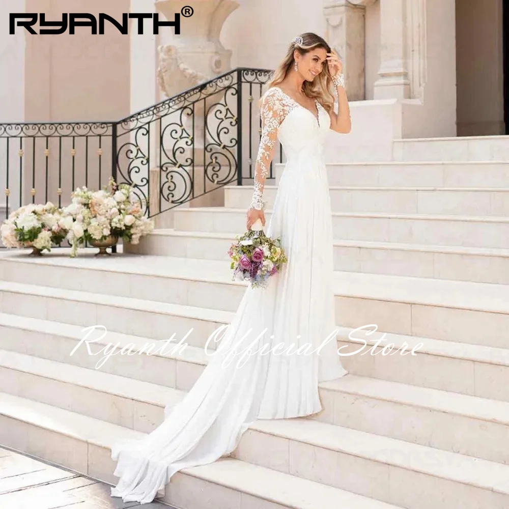 Ryanth V Neck Long Sleeves Chiffon Beach Wedding Dress Open Back White Lace Applique Bridal Dresses Party Gown Vestidos De Novia