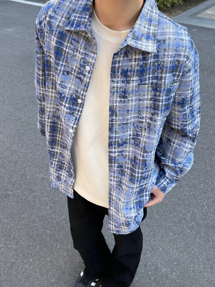 

Blue Tie Dye Plaid Men's Long Sleeve Shirt Spring Summer American Retro Sun Protection Outerwear Cleanfit Loose Fit Shirt