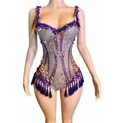 Sparkly Rhinestones Sequins Tassels V Neck Bodysuit for Women Sexy Performance Dance Costume Nightclub Singer Dancer Stage Wear