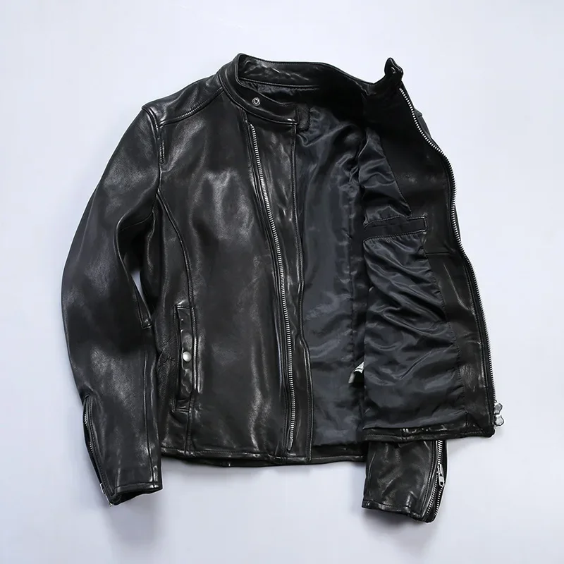 motorcycle leather clothing.Mens fashion tanned coat.Vintage slim fit leather jacket