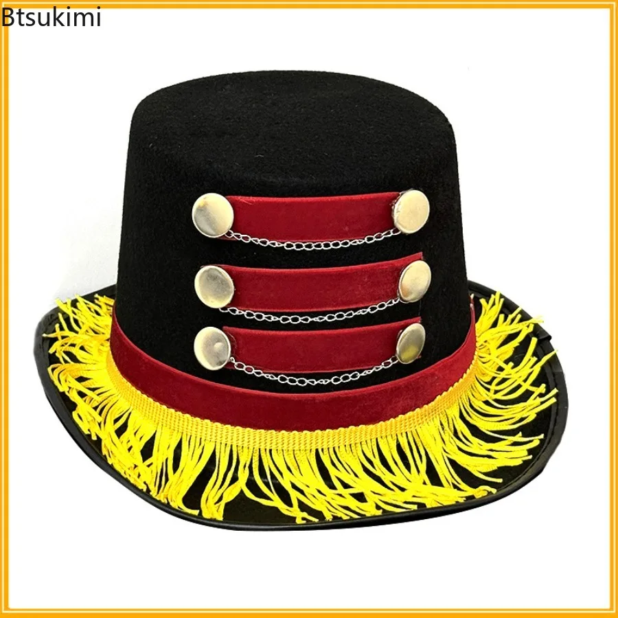 Halloween Cosplay Costumes Red Black Circus Magicians Top Hat with Gold Fringe Buttons and Chains Carnival Burlesque Accessories - view 3